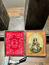 Load image into Gallery viewer, 1/4 AMBROTYPE PRETTY WOMAN LONG HAIR CURLS JEWELRY BEAUTIFUL DRESS HOLDING BOOK