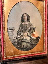 Load image into Gallery viewer, 1/4 AMBROTYPE PRETTY WOMAN LONG HAIR CURLS JEWELRY BEAUTIFUL DRESS HOLDING BOOK