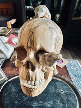Load image into Gallery viewer, Hand Carved Wood Memento Mori Skull on Base