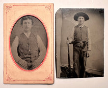 Load image into Gallery viewer, Two Tintypes of Young Hunter Rifle & Revolver, Ammo Belt, 1870s