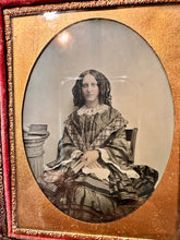 Load image into Gallery viewer, 1/4 AMBROTYPE PRETTY WOMAN LONG HAIR CURLS JEWELRY BEAUTIFUL DRESS HOLDING BOOK