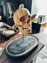 Load image into Gallery viewer, Hand Carved Wood Memento Mori Skull on Base