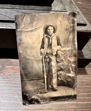 Load image into Gallery viewer, Antique Tintype Armed Cowboy Chaps Gloves & Holding Rifle - Native American ??