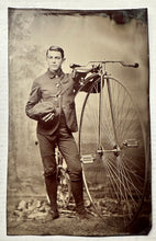 Load image into Gallery viewer, Large 1884 Antique Tintype Photo Man with Penny Farthing High Wheel Bicycle