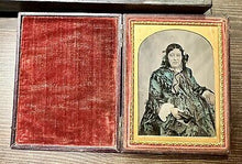 Load image into Gallery viewer, 1/4 AMBROTYPE SAD LADY AMAZING TINTED DRESS HOLDING PHOTO PIP MOURNING? 1800s