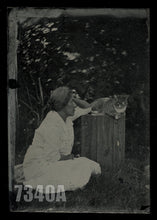 Load image into Gallery viewer, Amazing Tintype Woman with Pet Tabby Cat Antique Photo 1800s Original Rare