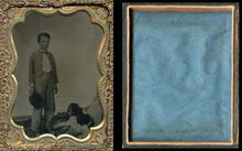 Load image into Gallery viewer, 1/4 1860s Tintype Photo Boy with Spaniel Dog + Hidden Mother + Dated Note 1800s