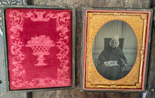 Load image into Gallery viewer, 1/4 Tintype Old Lady Holding Sampler Aunt of US Congressman?