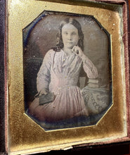 Load image into Gallery viewer, 1840s Tinted Plumbe Daguerreotype ID'd Little Girl Ringlet Curls Holding Case