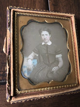 Load image into Gallery viewer, 1/6 Daguerreotype Photo Teen Girl, Tinted Hair Bracelet Cross Gold Jewelry 1850s