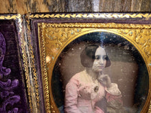 Load image into Gallery viewer, 1/6 Daguerreotype Beautiful Woman Tinted Dress Gold Jewelry Photographic Brooch