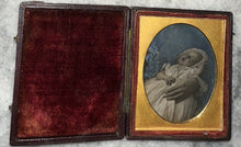 Load image into Gallery viewer, SLEEPING OR POST MORTEM CHILD LAP OF HIDDEN MOTHER TINTED SEALED DAGUERREOTYPE