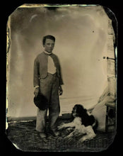 Load image into Gallery viewer, 1/4 1860s Tintype Photo Boy with Spaniel Dog + Hidden Mother + Dated Note 1800s