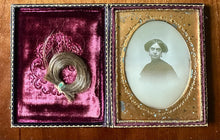 Load image into Gallery viewer, Sealed 1/4 Crayon Daguerreotype Woman Black Mourning Dress + Lock Of Hair Widow