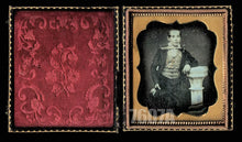 Load image into Gallery viewer, 1/6 1850s DAGUERREOTYPE CONFIDENT BOY BIG TIE HOLDING HAT UNUSUAL PEDESTAL PHOTO