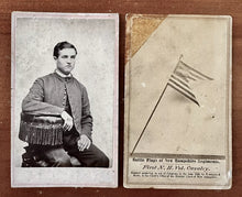 Load image into Gallery viewer, ID'd 1st NH Cavalry Civil War Soldier with Battle Flag Rare CDV Set 1860s Photos