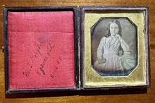 Load image into Gallery viewer, 1840s Tinted Plumbe Daguerreotype ID'd Little Girl Ringlet Curls Holding Case