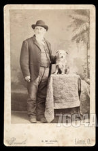 Load image into Gallery viewer, ID'D LIMA OHIO MAN & HIS LITTLE DOG *TRIP* DATED 1887 CABINET CARD PHOTO KEVE