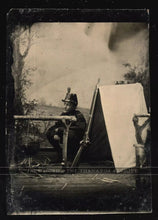 Load image into Gallery viewer, Excellent Tintype Young Soldier or Cadet with Rifle Tent Camp Scene 1800s Photo