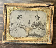 Load image into Gallery viewer, HALF PLATE Ambrotype Women At Tinted Table BOTH HOLDING PHOTOS PIP Rare