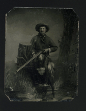 Load image into Gallery viewer, 1/6 1800s Tintype Hunter Holding Shotgun Posing w Hunting Dog & Duck(s)