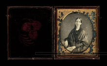 Load image into Gallery viewer, 1840s daguerreotype Photo smiling woman long Curls In hair Leather Case Antique
