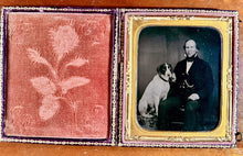 Load image into Gallery viewer, Excellent PURPLE GLASS Ambrotype Photo ID’d Man And His Dog 1850s