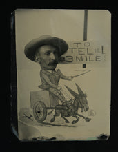 Load image into Gallery viewer, Funny Old Tintype Photo Handsome Mustache Man Riding Donkey Cart Sign & Dog 1800
