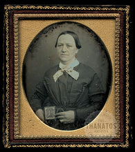 Load image into Gallery viewer, 1800s Daguerreotype Sad Woman Holding Open Photo of Man - Mourning Memento Mori