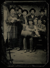 Load image into Gallery viewer, amazing tintype whiskey drinking cigar smoking men in wagon studio elephant toy!