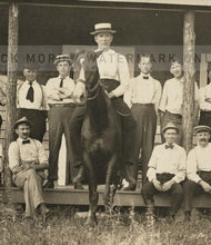 Load image into Gallery viewer, Unusual Old Photo Large Group of Men On House Porch - Man Riding Horse ++ Dog!