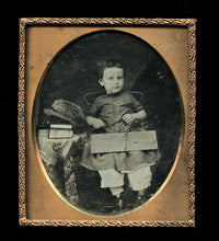 Load image into Gallery viewer, 1/6 Daguerreotype Photo Little Boy with Feather Hat Open Book Or Toy 1800s 1850s