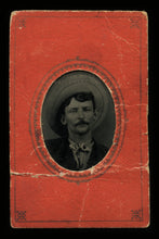 Load image into Gallery viewer, antique 1800s tintype photo of curled mustache man, big cowboy hat fills frame