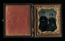 Load image into Gallery viewer, civil war era 1860s tintype photo girls, sisters holding flowers - in mourning?