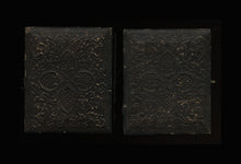 Load image into Gallery viewer, civil war era 1860s tintype photo girls, sisters holding flowers - in mourning?