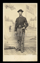 Load image into Gallery viewer, Excellent CDV Armed Civil War Soldier Camp Backdrop Virginia Photographer 1860s
