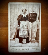 Load image into Gallery viewer, Banner Lady Holding Sign with Rare Original Ad on Back 1890s Cabinet Card