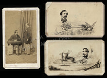 Load image into Gallery viewer, 3 CDVS inc RARE TRICK PHOTO MAN W PATENT MODEL MOWING MACHINE FREDRICKS NEW YORK