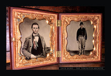 Load image into Gallery viewer, Double 1/6 Tintype Photos - Armed Civil War Soldier + Political Cockade Ribbon