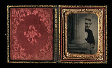 Load image into Gallery viewer, Unusual Tintype Creepy Smiling Man Hides Behind Pillar 1860s Photo Photographer