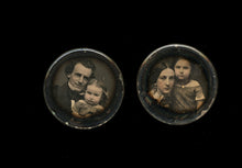 Load image into Gallery viewer, 2 Daguerreotype Miniatures Smiling Man & Woman Little Girls Affectionate Poses