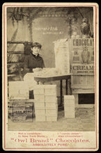 Load image into Gallery viewer, Amazing Antique Occupational Photo Candy Wrapper Girl with Advertising Sign / Owl Mascot & More