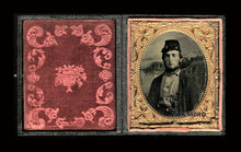 Load image into Gallery viewer, 1860s Photo 2x? Armed Civil War Soldier Wearing Corps Badge, Painted Backdrop
