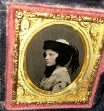 Load image into Gallery viewer, miniature 1850s ambrotype boston girl in profile wearing hat & feathers, PB case