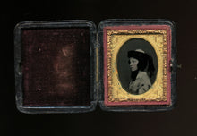 Load image into Gallery viewer, miniature 1850s ambrotype boston girl in profile wearing hat & feathers, PB case
