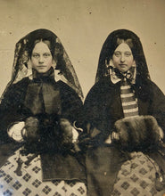 Load image into Gallery viewer, Two Women in Winter Dress, Muffs, Veils - 6th Plate Ambrotype