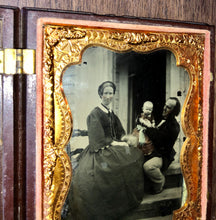 Load image into Gallery viewer, 1/4 Ambrotype in Union Case Family on Porch of House with Dog / 1850s Photo