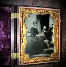 Load image into Gallery viewer, 1/4 Ambrotype in Union Case Family on Porch of House with Dog / 1850s Photo
