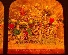 Load image into Gallery viewer, Amazing 1860s Tissue Stereoview Photo ~ Devil Leading Skeleton Army - On Bikes!