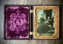 Load image into Gallery viewer, 1/4 Ambrotype in Union Case Family on Porch of House with Dog / 1850s Photo